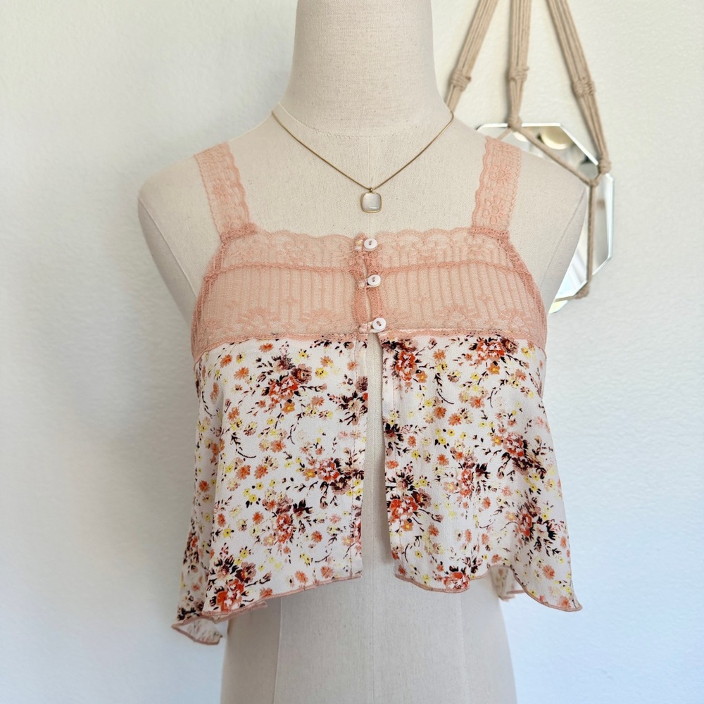 🍑 FREE PEOPLE Peach Floral Lace Sleep Lounge Reversible Cami Tank Top - Picture 8 of 16